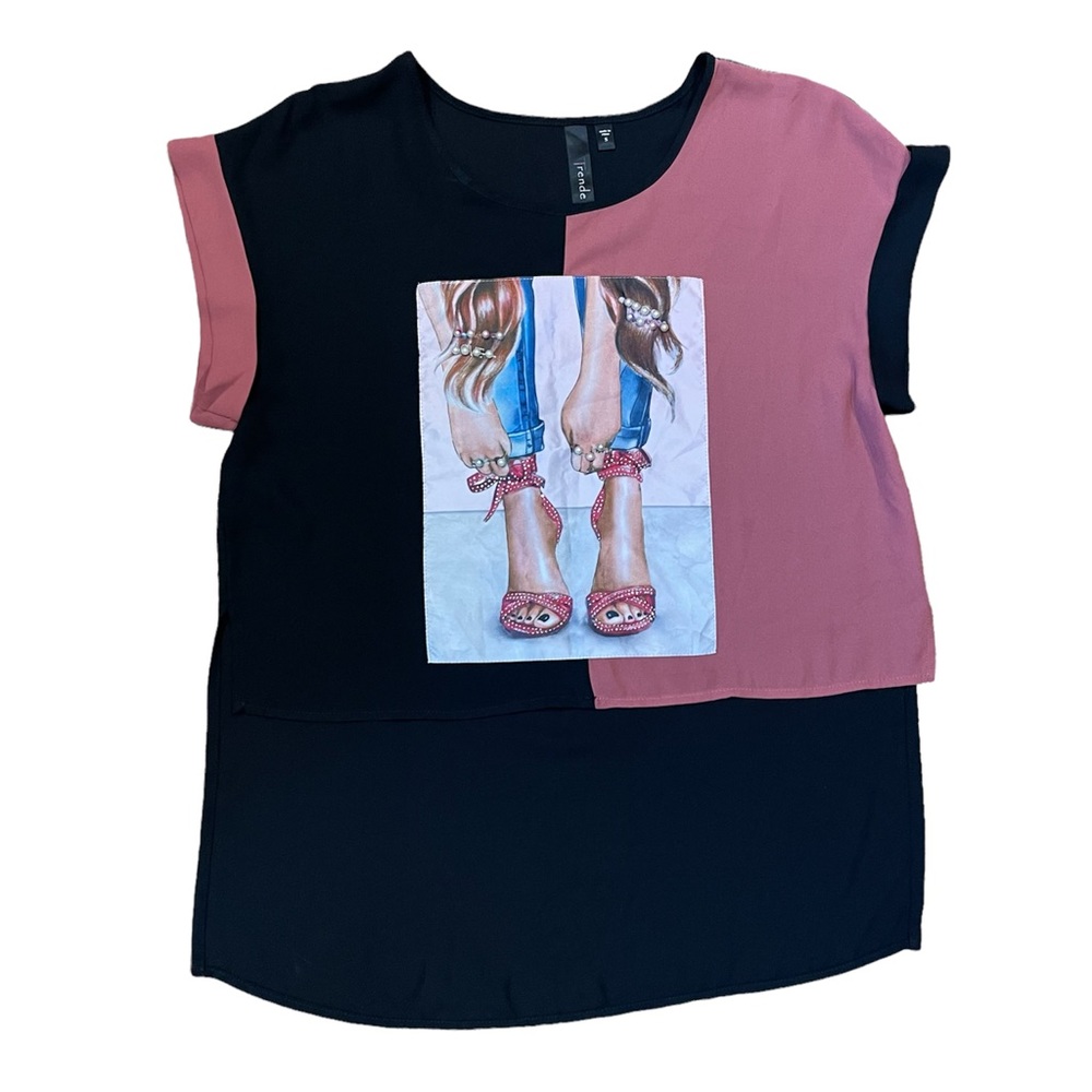 Trende Black and Pink Blouse With Pearls and Heels Size Small